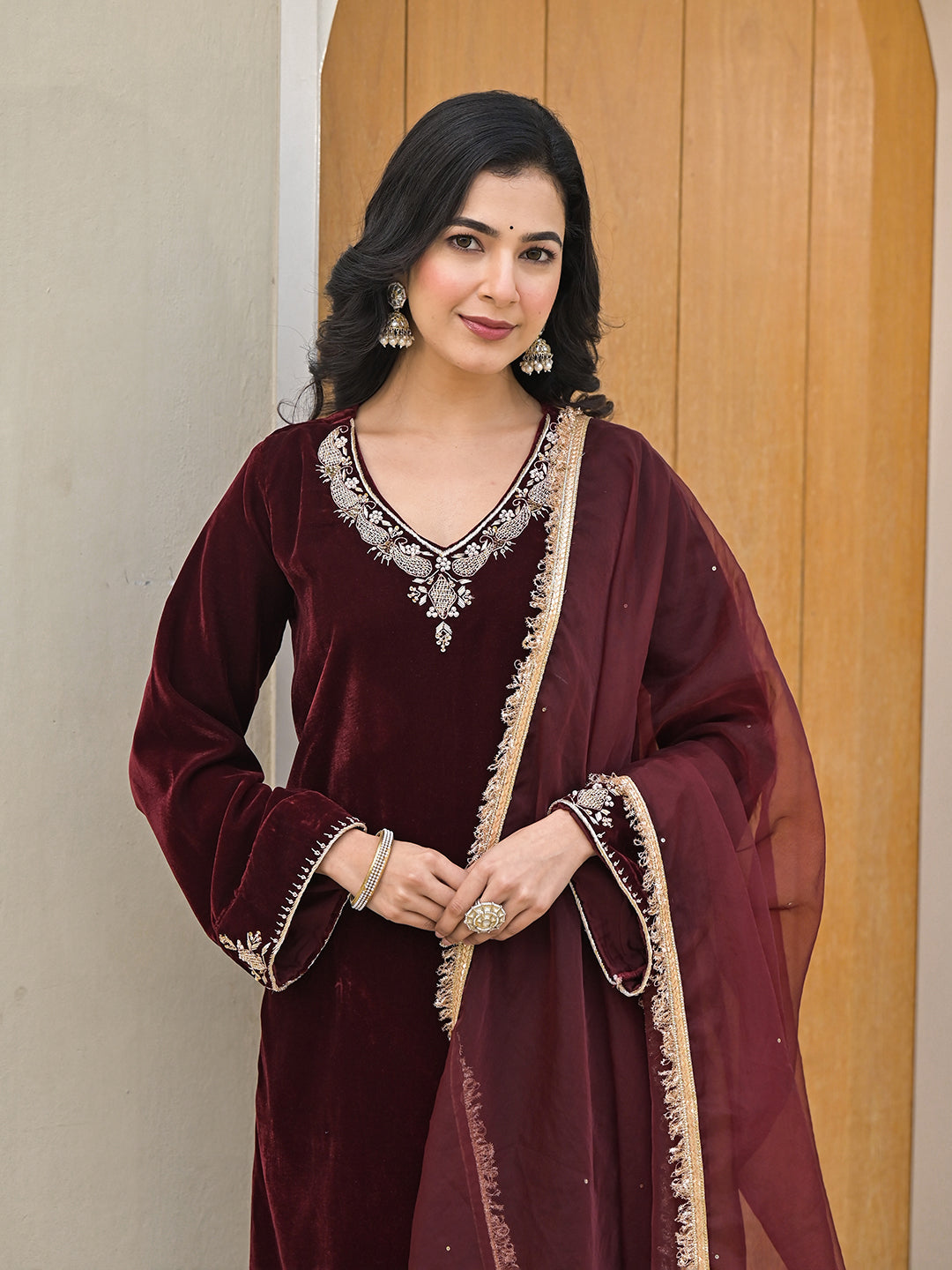 Embroidered Maroon Velvet Kurta Pant Dupatta Set for Women