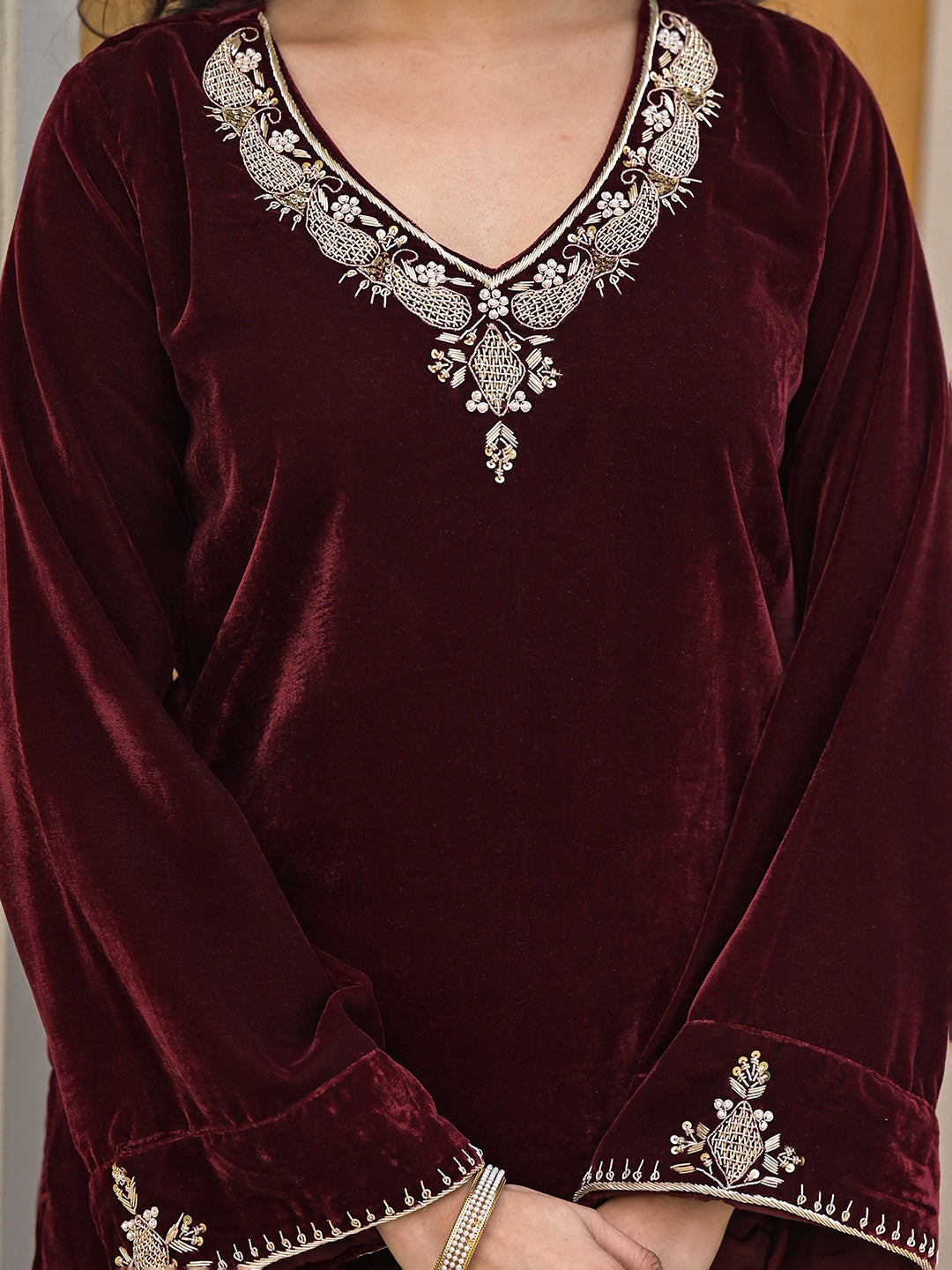 Embroidered Maroon Velvet Kurta Pant Dupatta Set for Women
