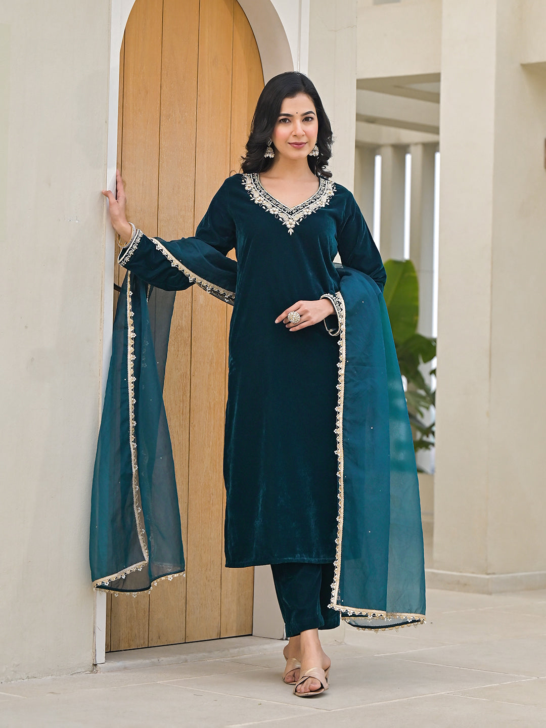 Embroidered Green Velvet Kurta Pant Dupatta Set for Women