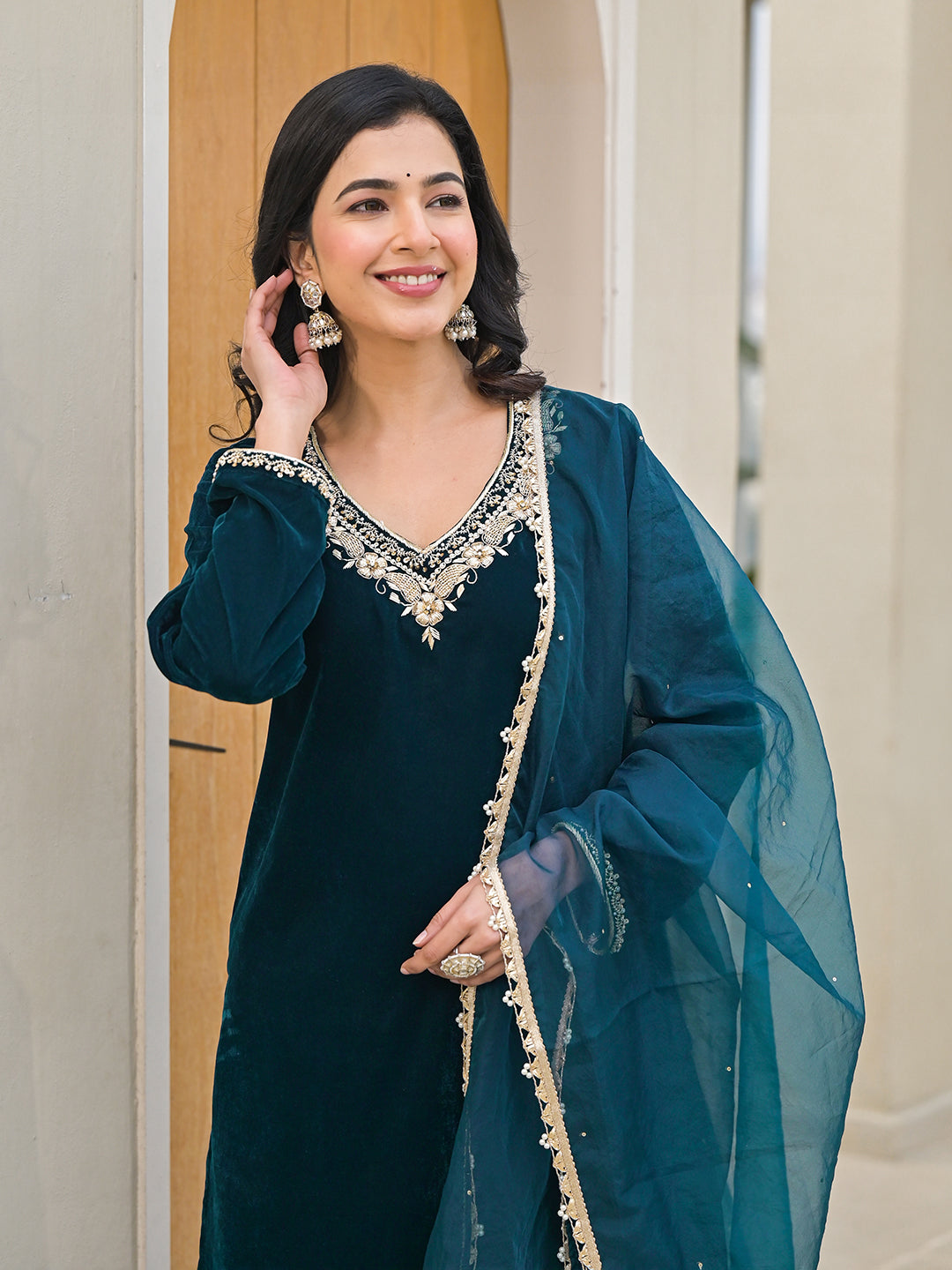 Embroidered Green Velvet Kurta Pant Dupatta Set for Women