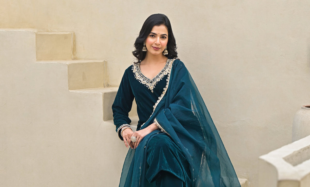 Embroidered Green Velvet Kurta Pant Dupatta Set for Women