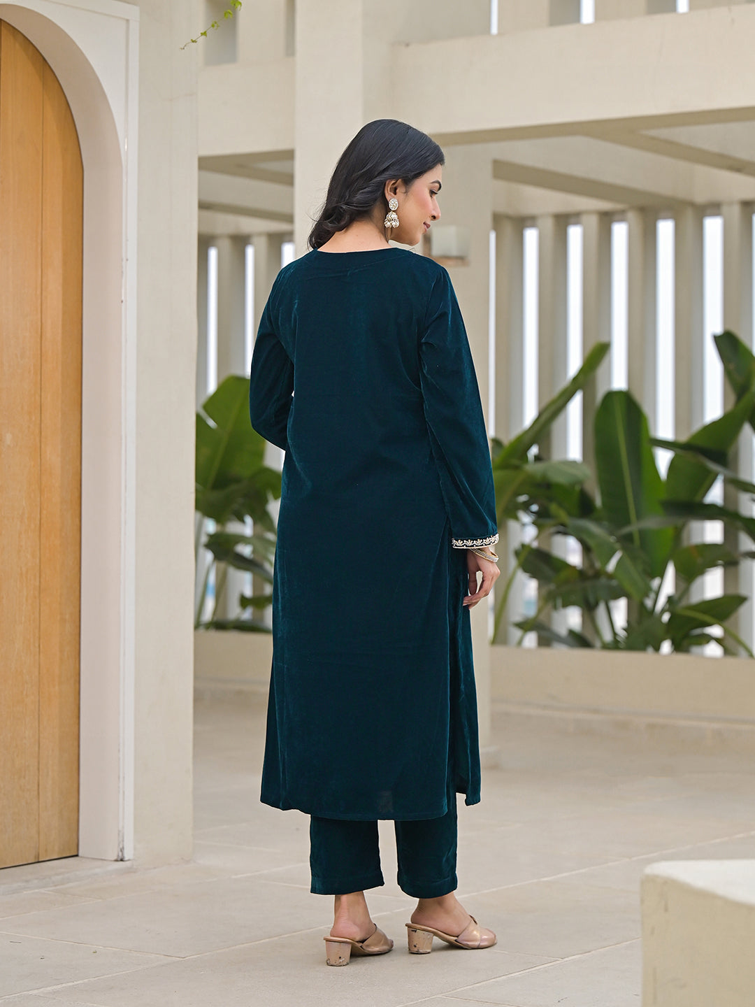 Embroidered Green Velvet Kurta Pant Dupatta Set for Women