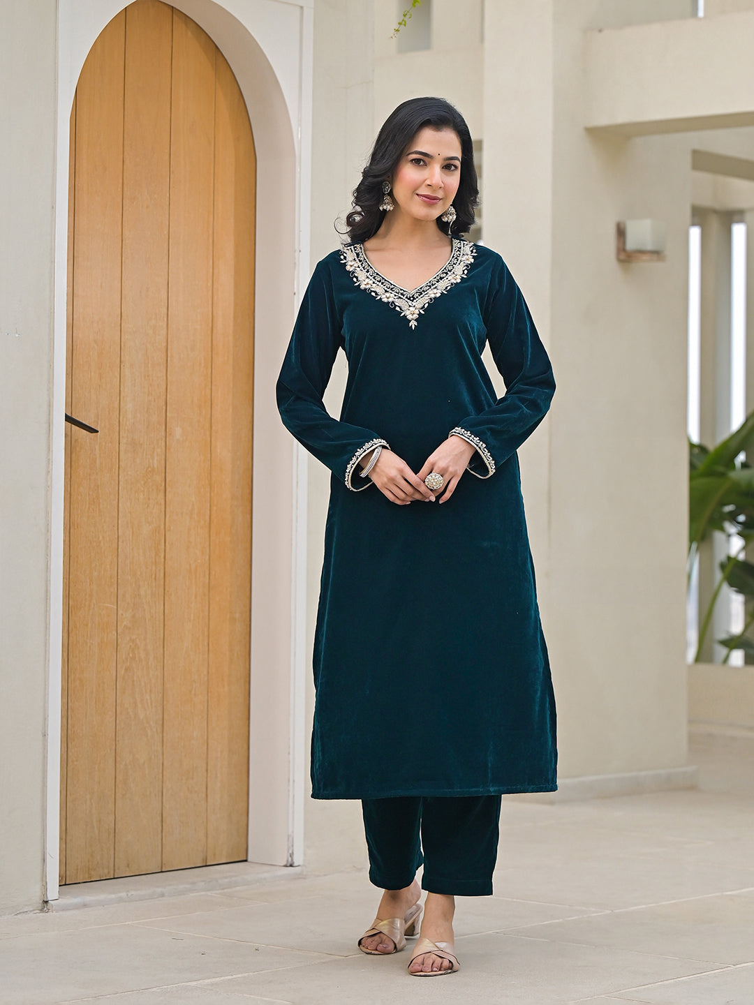 Embroidered Green Velvet Kurta Pant Dupatta Set for Women