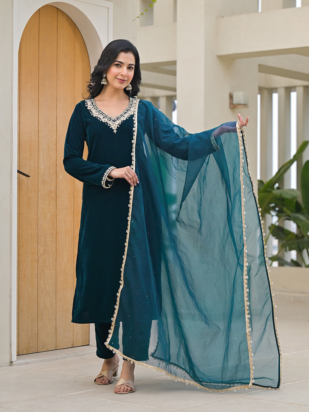 Embroidered Green Velvet Kurta Pant Dupatta Set for Women