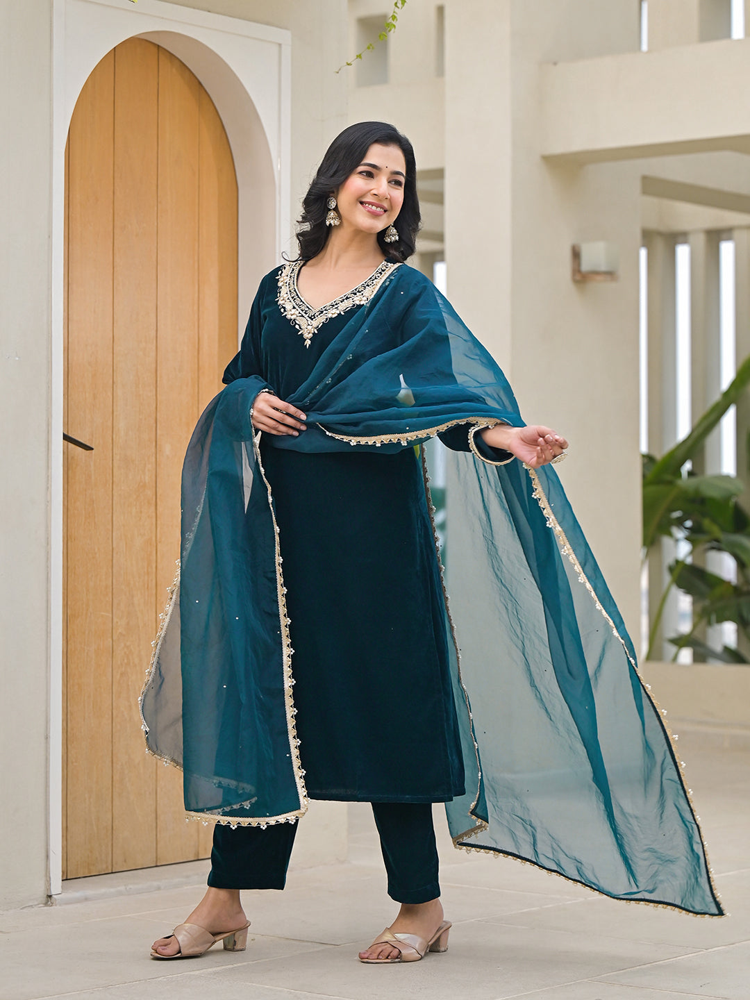 Embroidered Green Velvet Kurta Pant Dupatta Set for Women