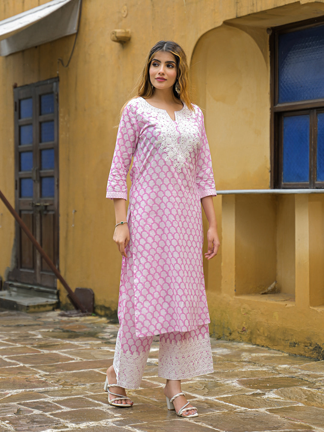 Pink Hand Block Straight Cotton Kurta Pant Set