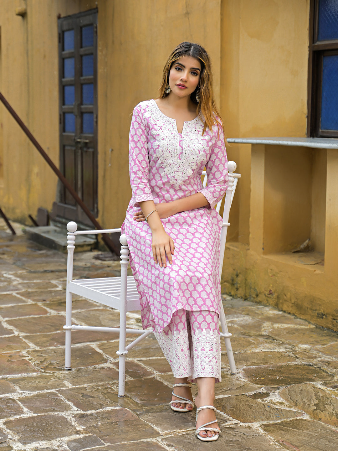 Pink Hand Block Straight Cotton Kurta Pant Set
