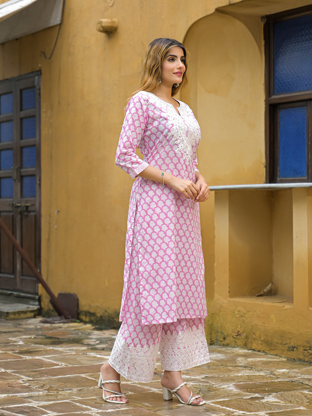 Pink Hand Block Straight Cotton Kurta Pant Set