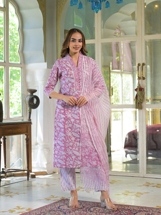 White & Pink Cotton Block Print Kurta Pant with Dupatta