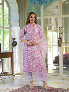 White & Pink Cotton Block Print Kurta Pant with Dupatta