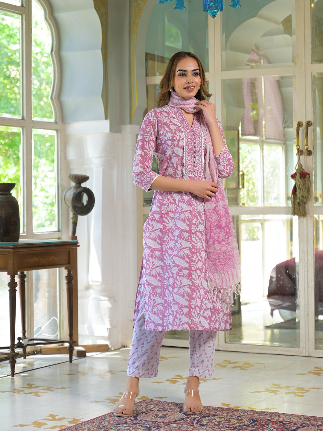 White & Pink Cotton Block Print Kurta Pant with Dupatta
