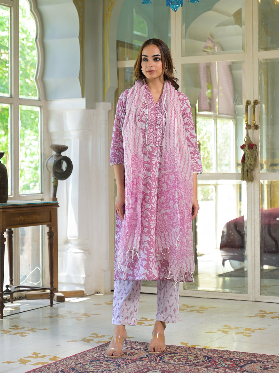 White & Pink Cotton Block Print Kurta Pant with Dupatta
