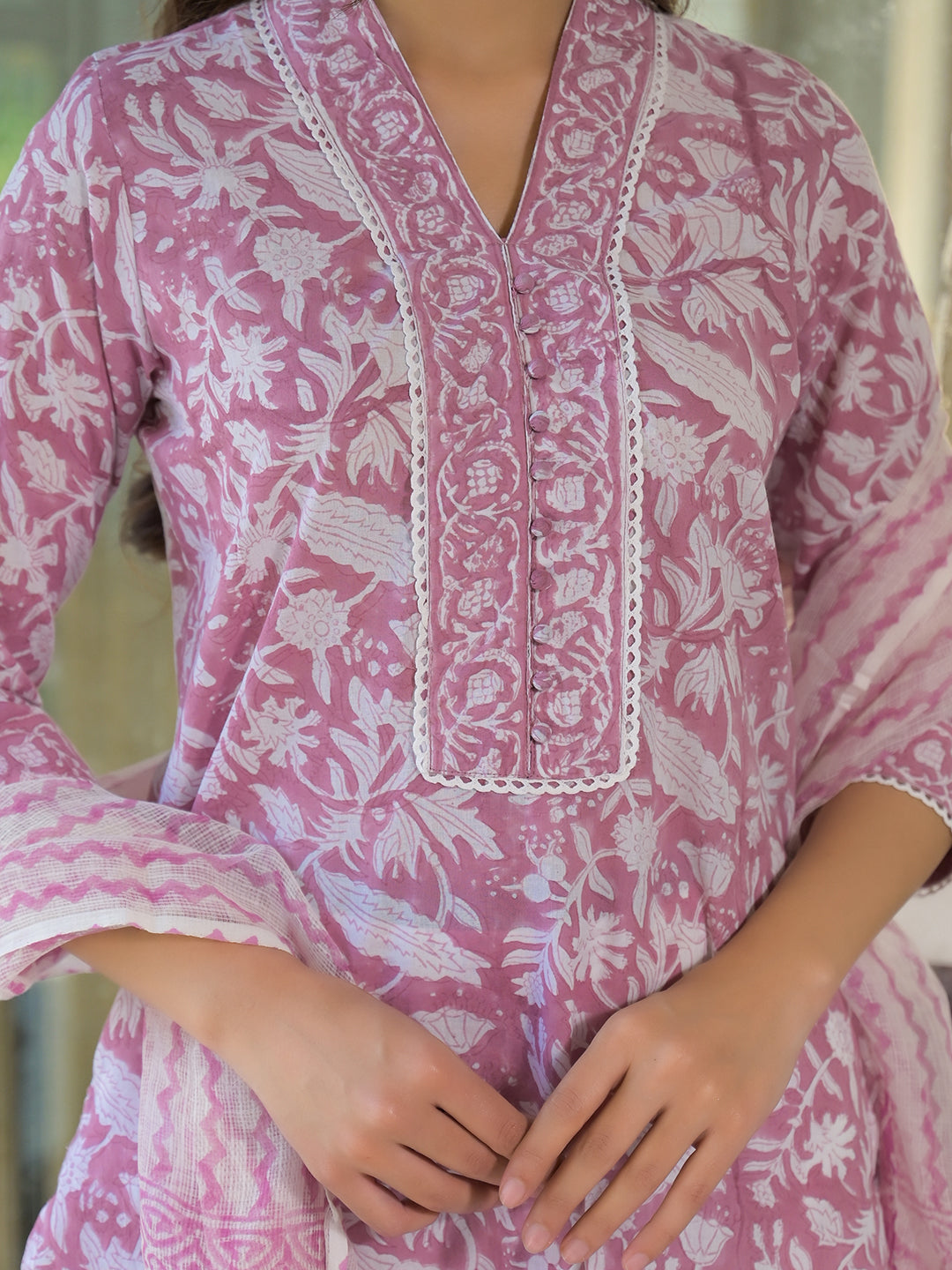 White & Pink Cotton Block Print Kurta Pant with Dupatta