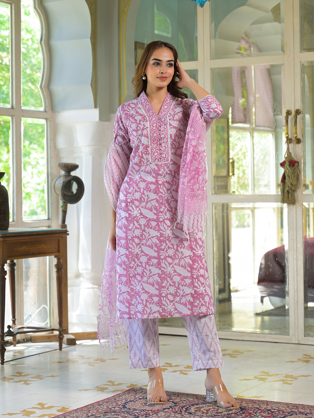 White & Pink Cotton Block Print Kurta Pant with Dupatta
