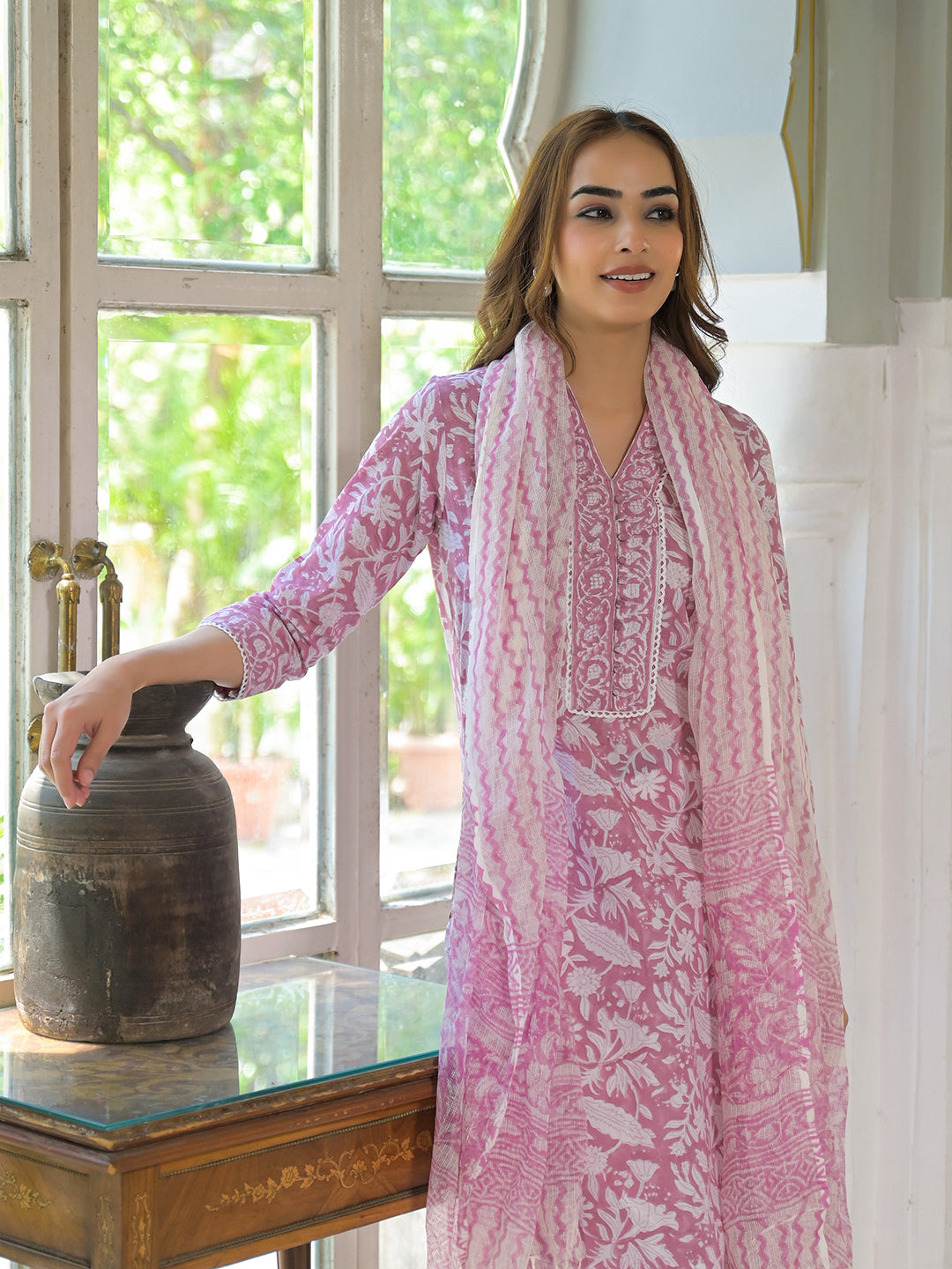 White & Pink Cotton Block Print Kurta Pant with Dupatta