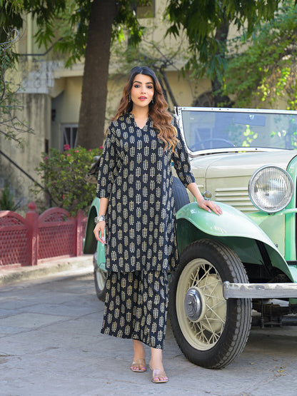 Black Ethnic Printed Rayon Kurta With Trouser