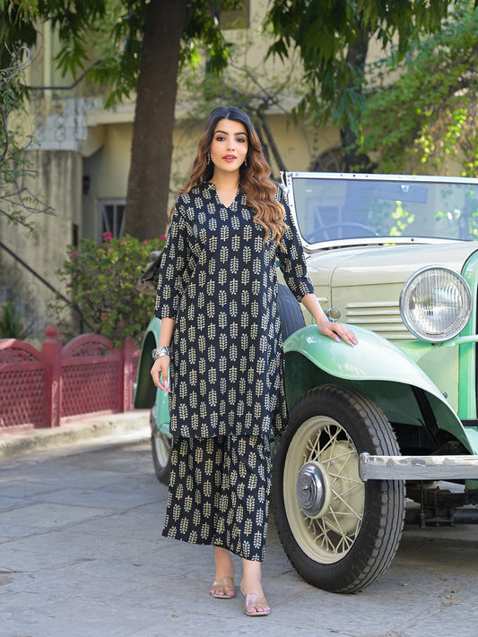 Black Ethnic Printed Rayon Kurta With Trouser