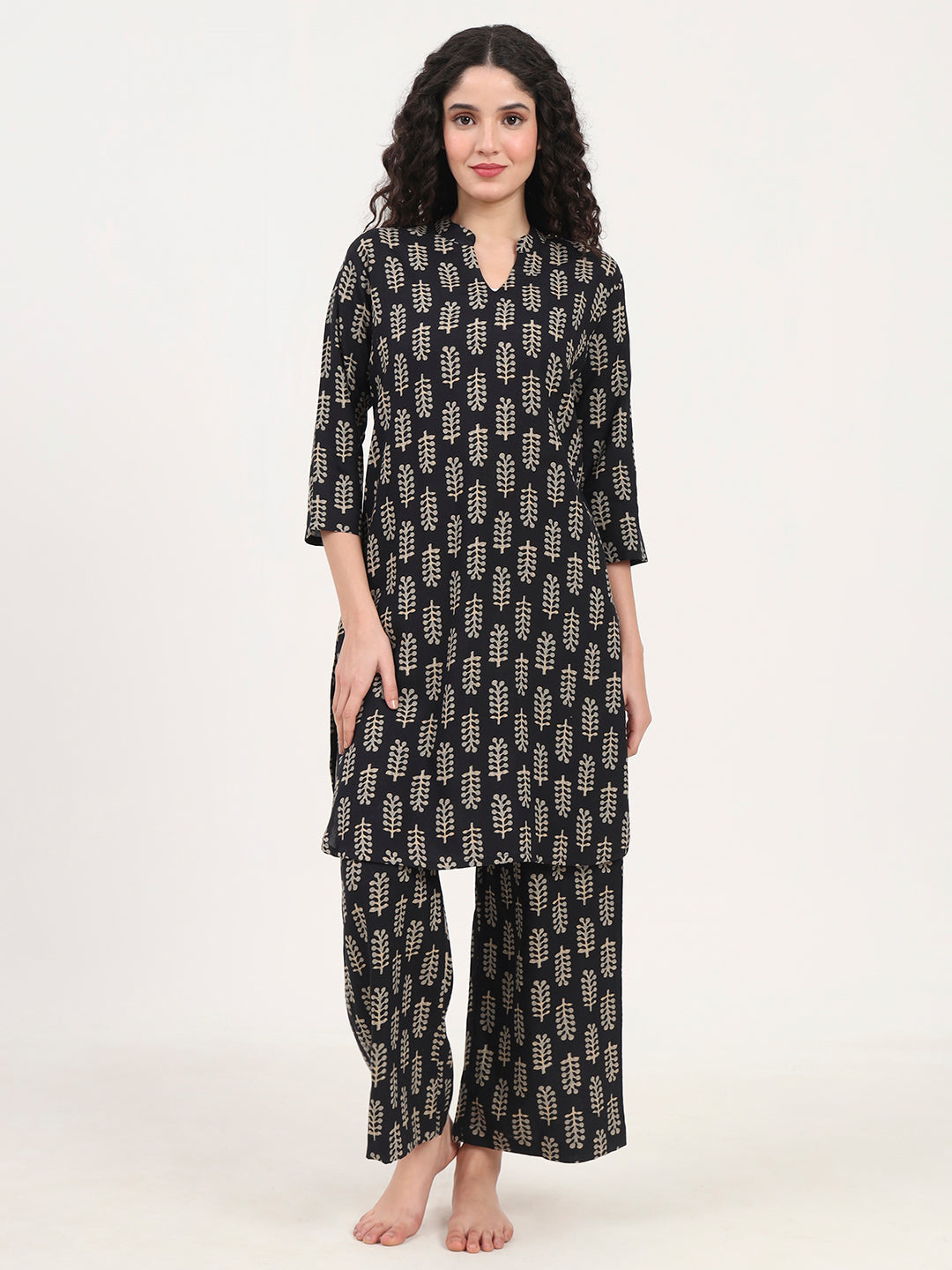 Black Printed Cotton Night Suit Set
