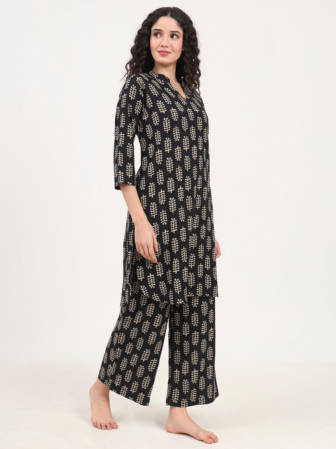 Black Printed Cotton Night Suit Set