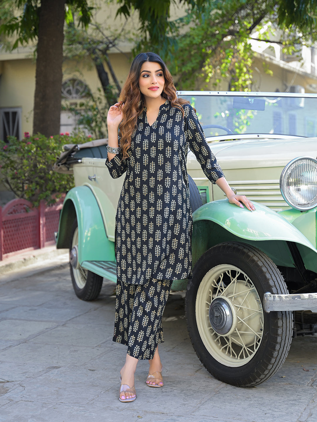 Black Ethnic Printed Rayon Kurta With Trouser