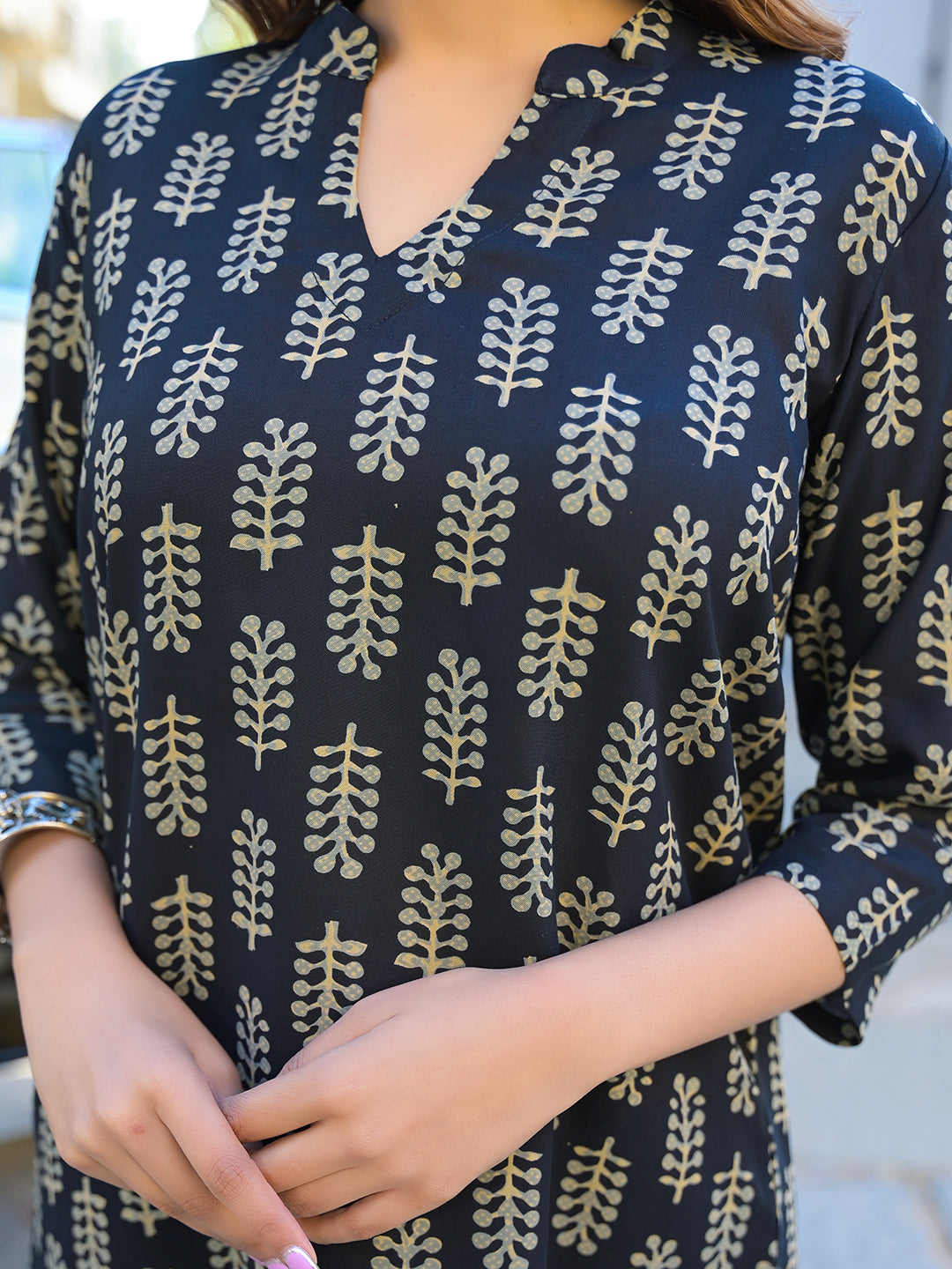 Black Ethnic Printed Rayon Kurta With Trouser