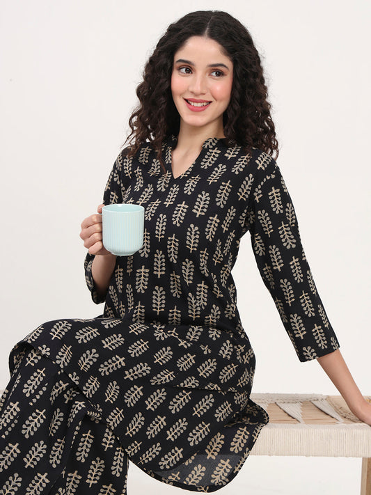 Black Printed Cotton Night Suit Set