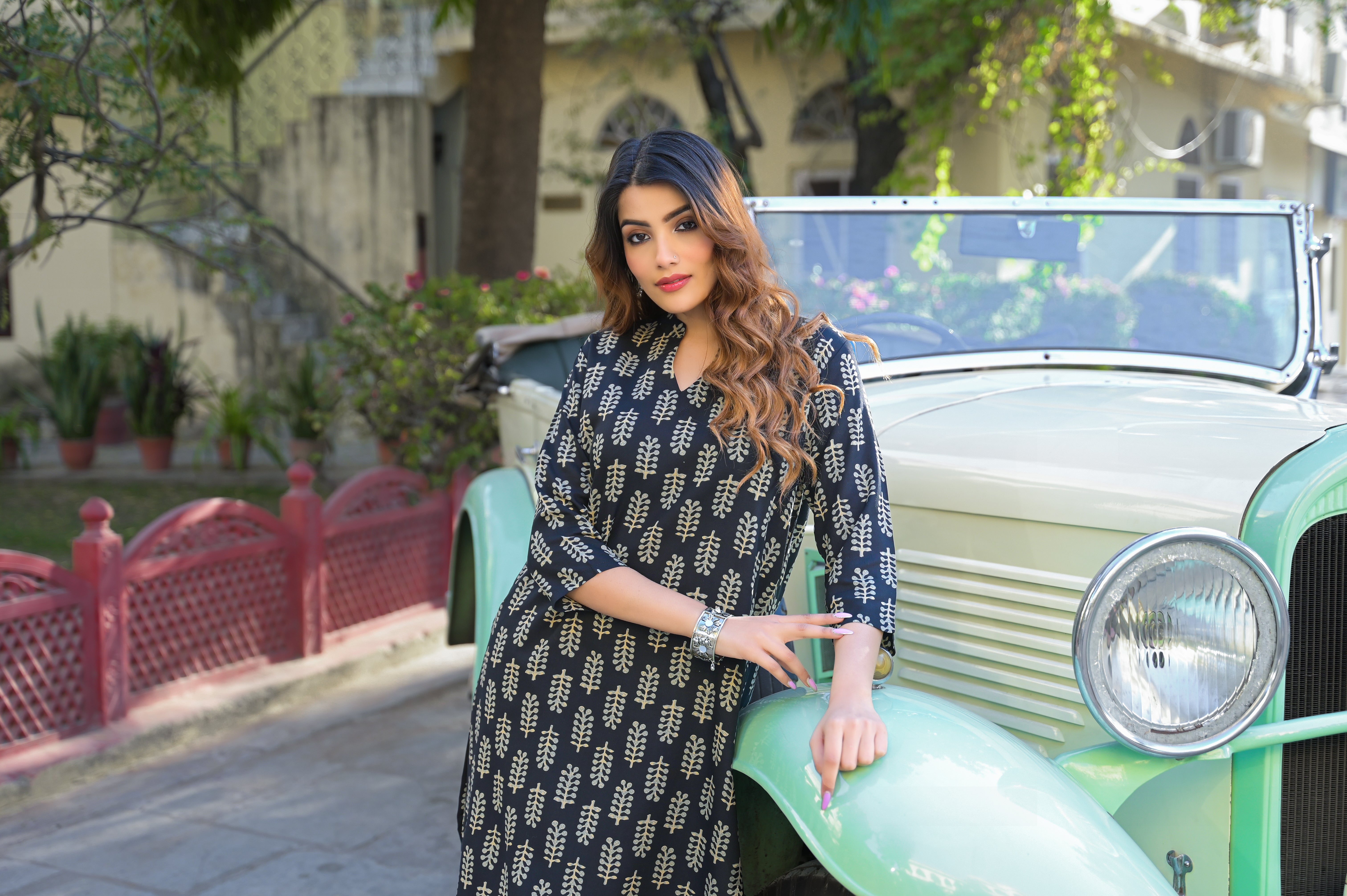Black Ethnic Printed Rayon Kurta With Trouser