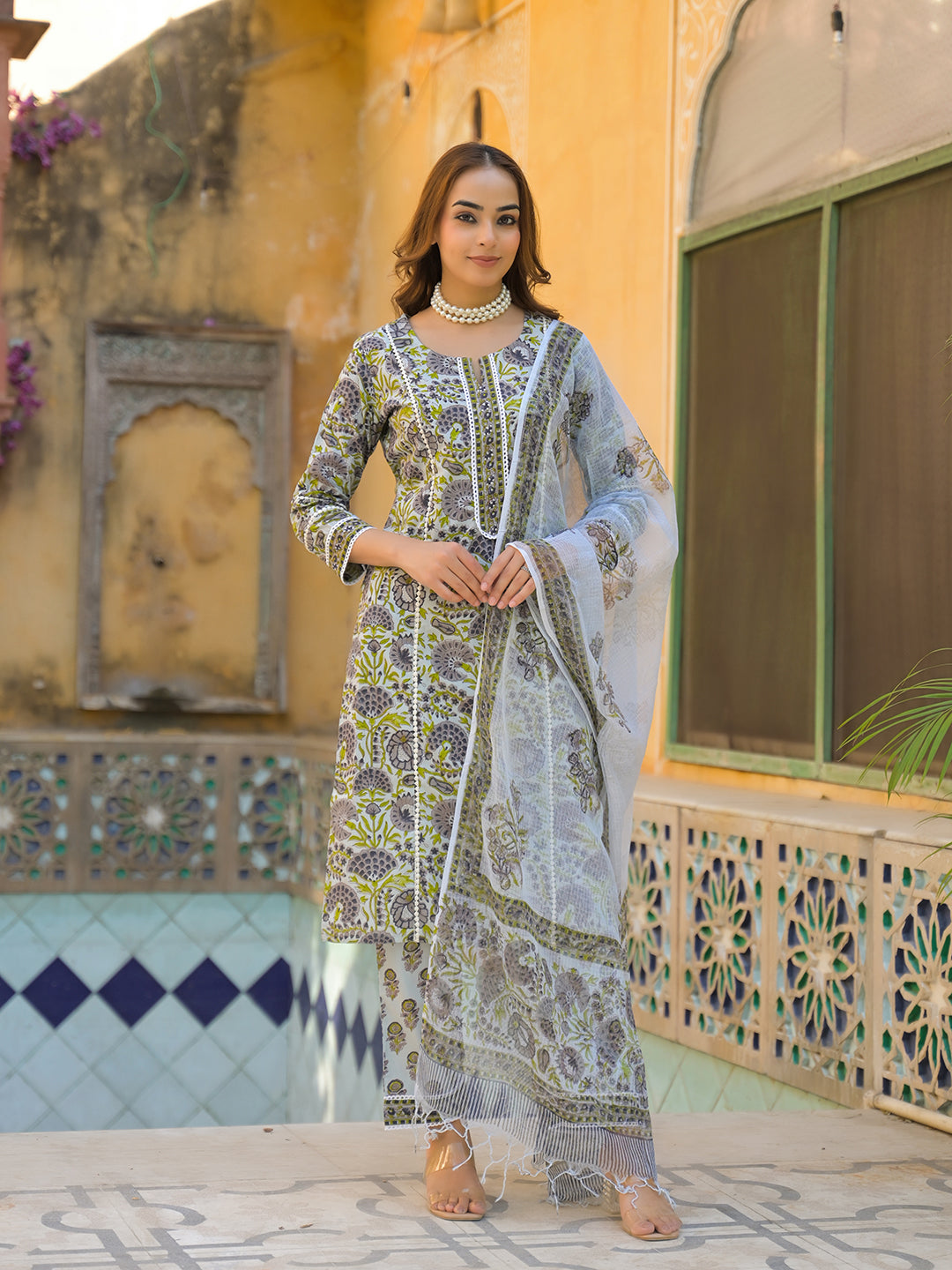 Sea Green Cotton Hand Block Print Kurta Pant with Dupatta