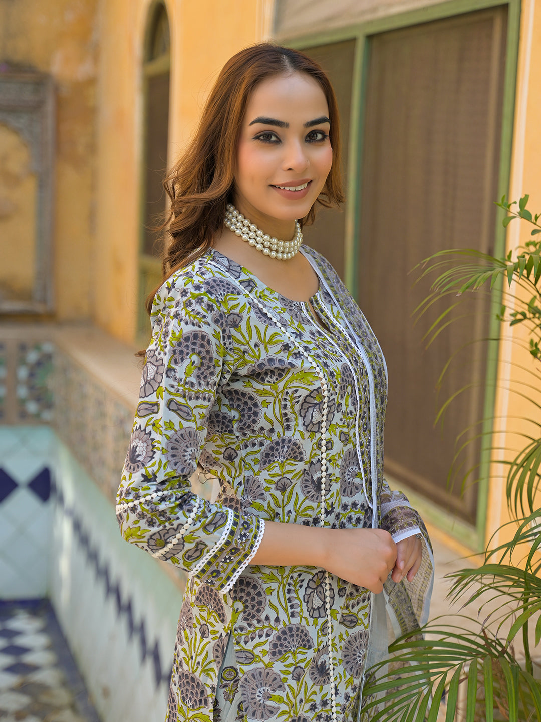 Sea Green Cotton Hand Block Print Kurta Pant with Dupatta