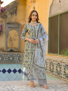 Sea Green Cotton Hand Block Print Kurta Pant with Dupatta