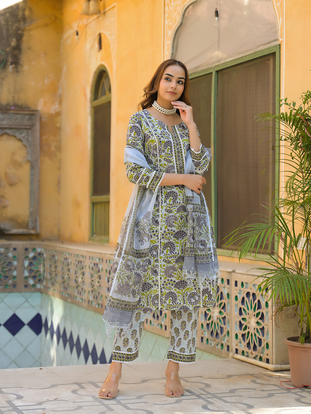 Sea Green Cotton Hand Block Print Kurta Pant with Dupatta