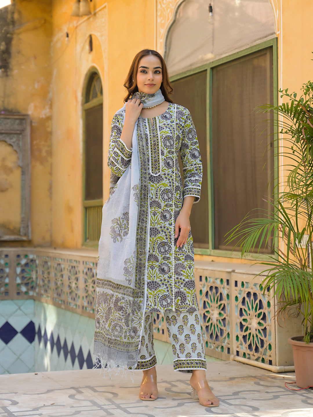 Sea Green Cotton Hand Block Print Kurta Pant with Dupatta