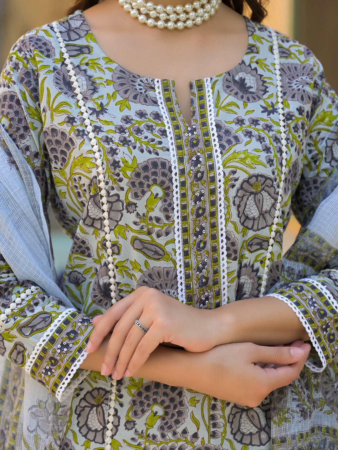 Sea Green Cotton Hand Block Print Kurta Pant with Dupatta