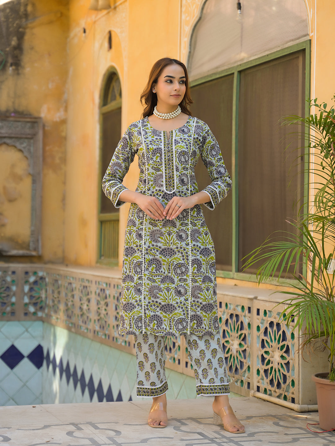 Sea Green Cotton Hand Block Print Kurta Pant with Dupatta