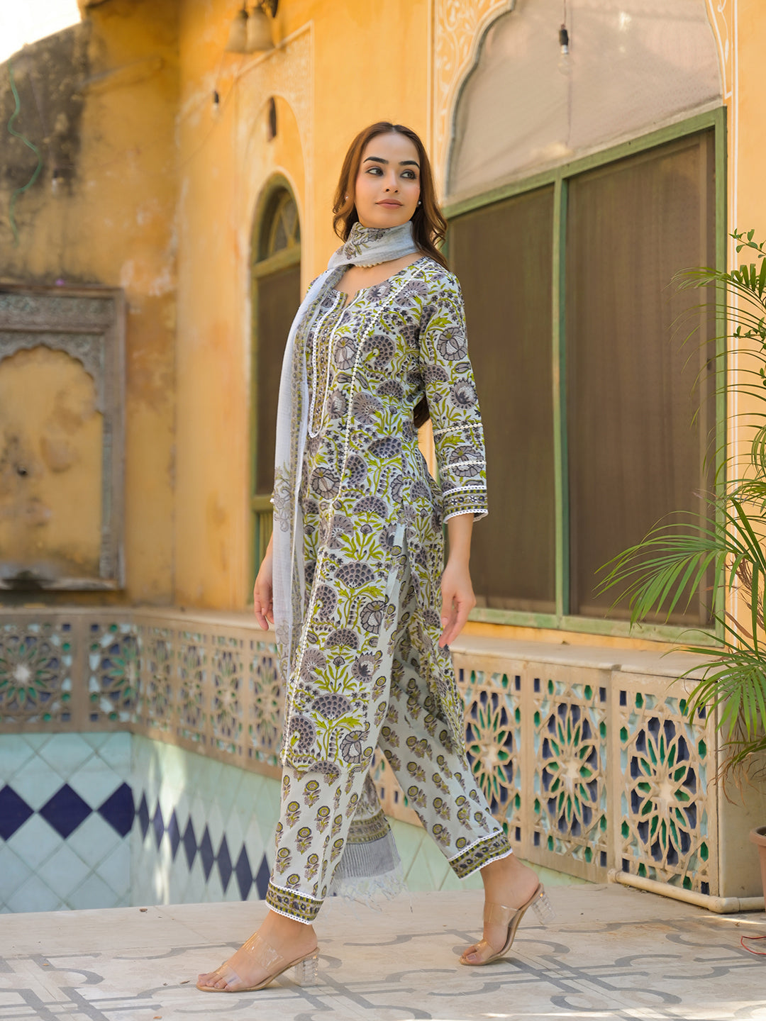 Sea Green Cotton Hand Block Print Kurta Pant with Dupatta