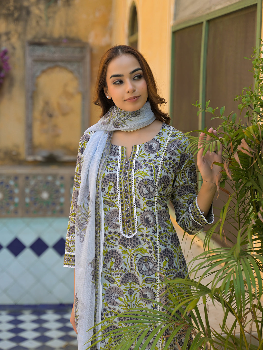 Sea Green Cotton Hand Block Print Kurta Pant with Dupatta