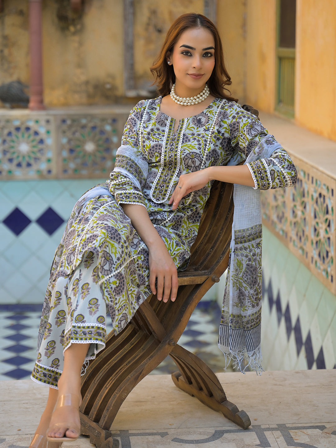 Sea Green Cotton Hand Block Print Kurta Pant with Dupatta