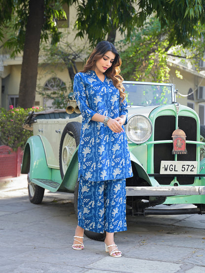 Blue Floral Print Cotton Fabric Kurta with Pant