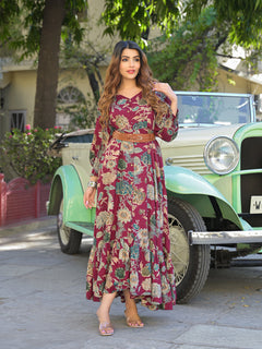 Maroon Floral Print Rayon Fabric Flared Long Dress