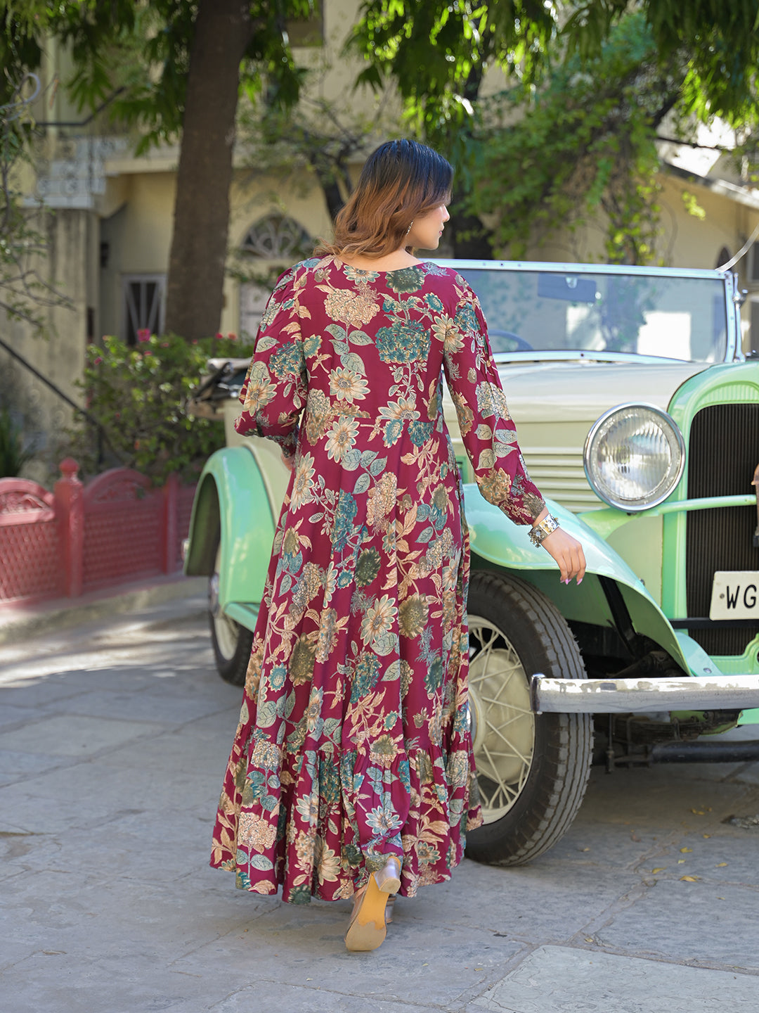 Maroon Floral Print Rayon Fabric Flared Long Dress