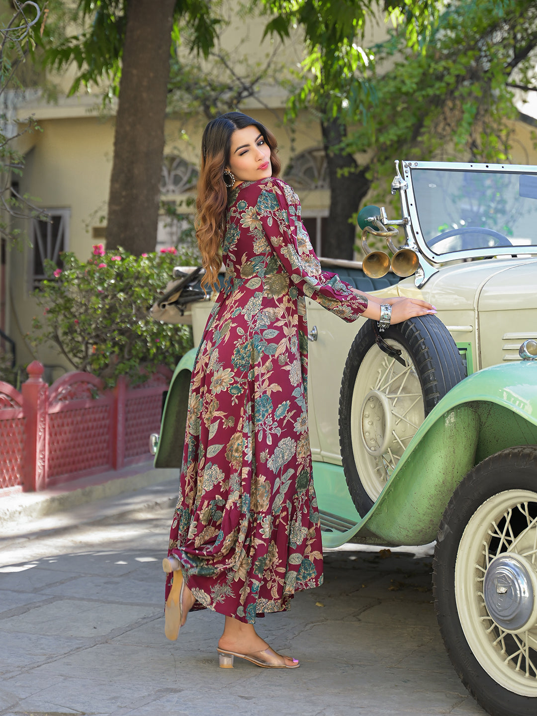 Maroon Floral Print Rayon Fabric Flared Long Dress