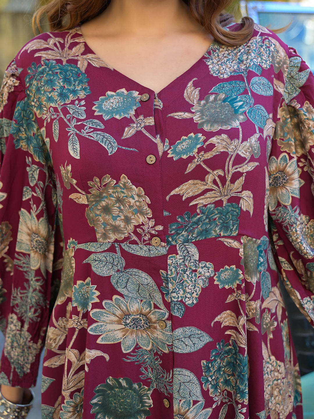 Maroon Floral Print Rayon Fabric Flared Long Dress