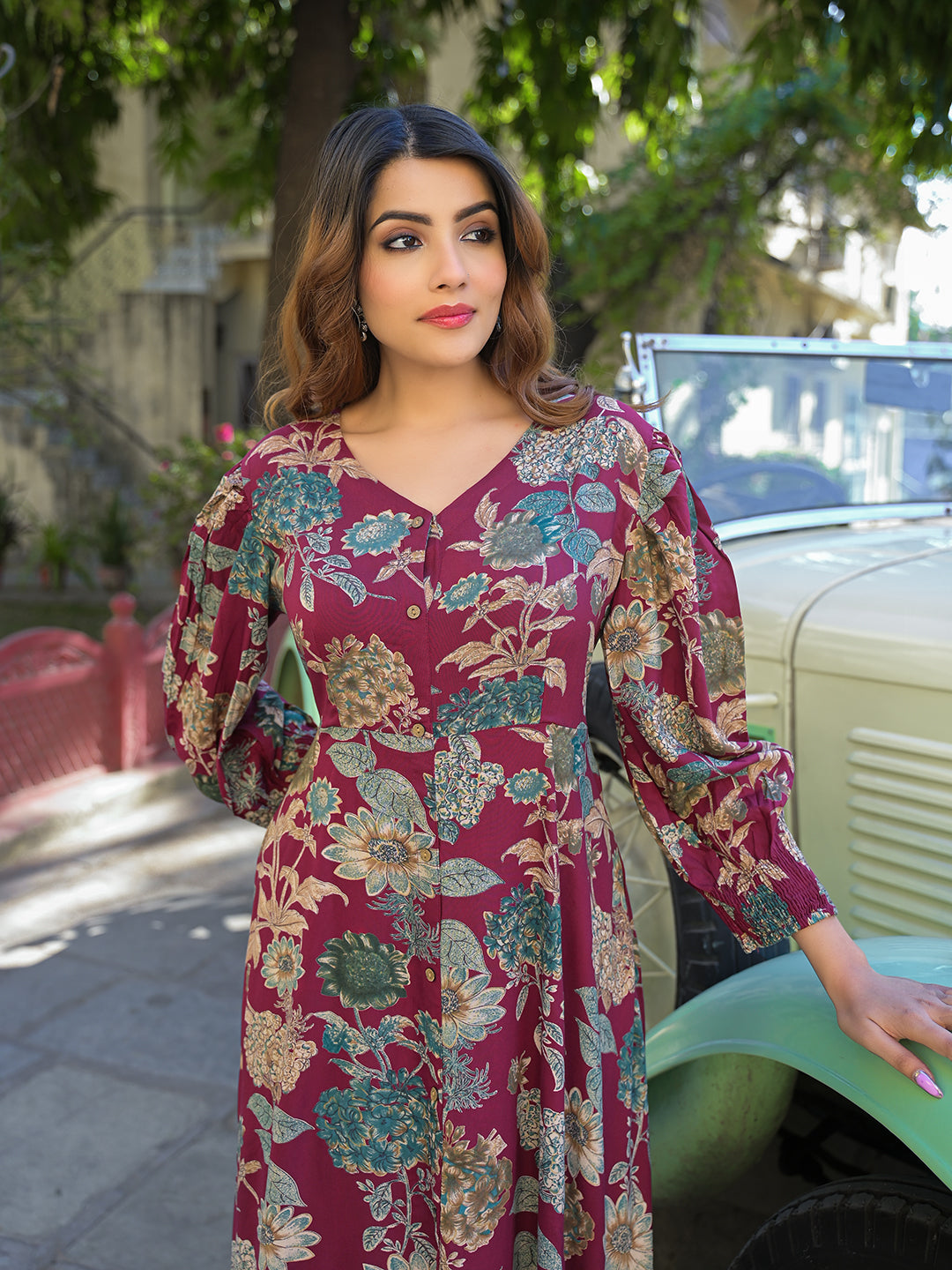 Maroon Floral Print Rayon Fabric Flared Long Dress