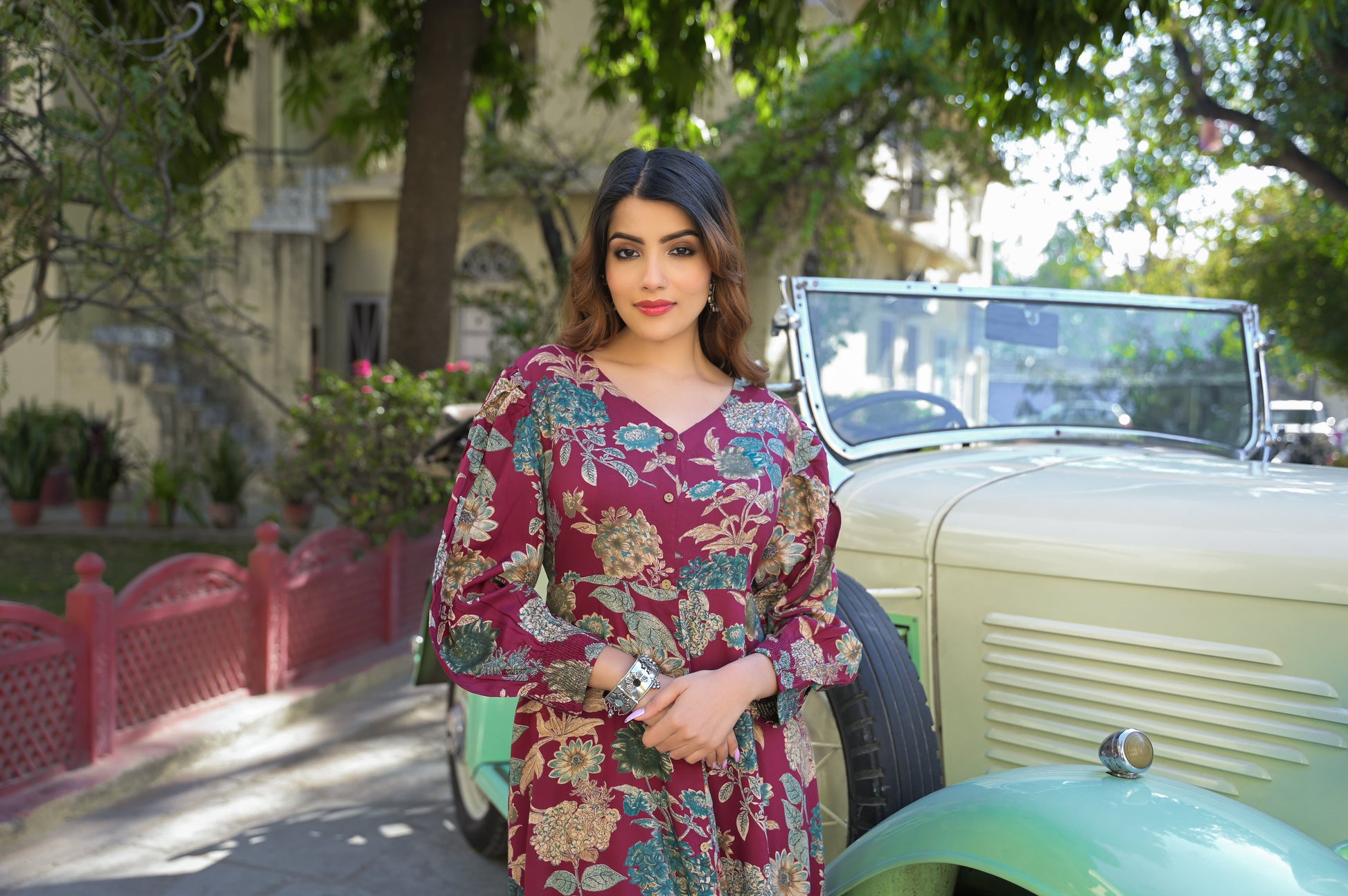 Maroon Floral Print Rayon Fabric Flared Long Dress