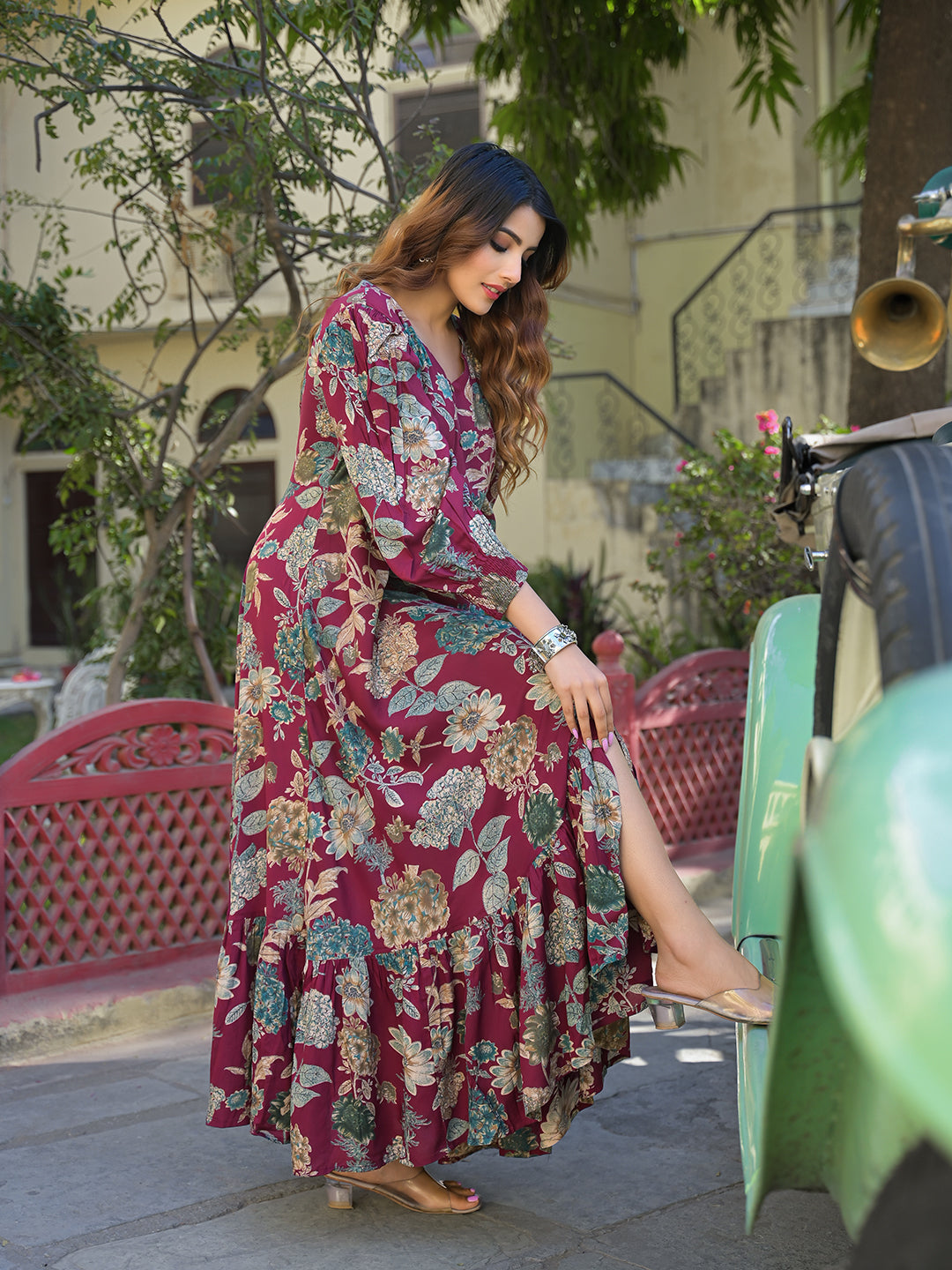 Maroon Floral Print Rayon Fabric Flared Long Dress