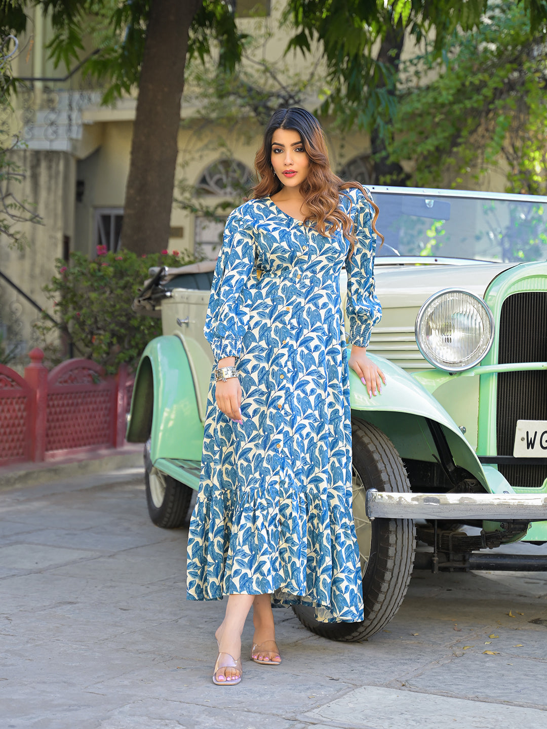 Blue Floral Print Rayon Fabric Flared Long Dress