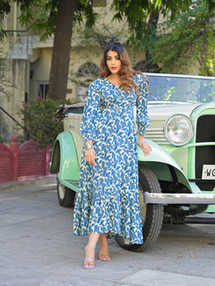 Blue Floral Print Rayon Fabric Flared Long Dress