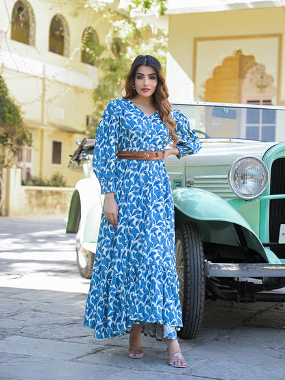 Blue Floral Print Rayon Fabric Flared Long Dress
