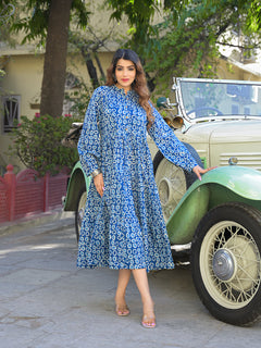 Blue Floral Print Cotton Fabric Fit Flared Dress