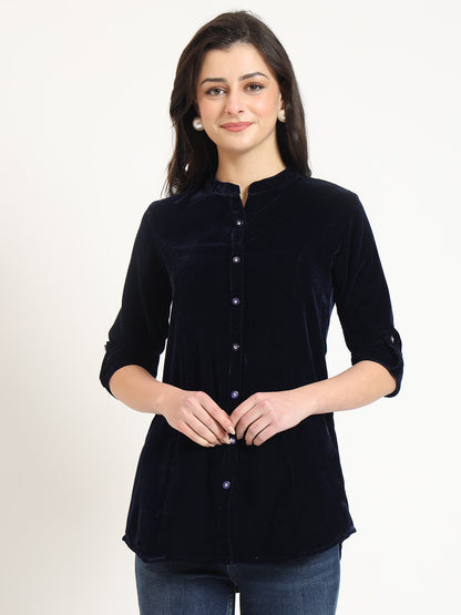 Navy Blue Solid Print Velvet Top